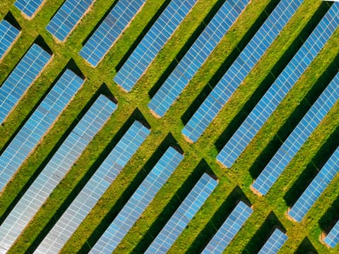 Aerial view of solar panel rows separated by strips of grass